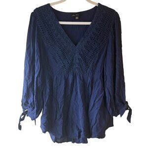 milissa paige Women Large Navy Peasant Blouse Crochet Detail 3/4 sleeve shirt
